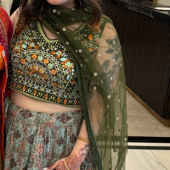 Green Real Mirror Embroidered Lehenga Choli - Picture 1 of 5